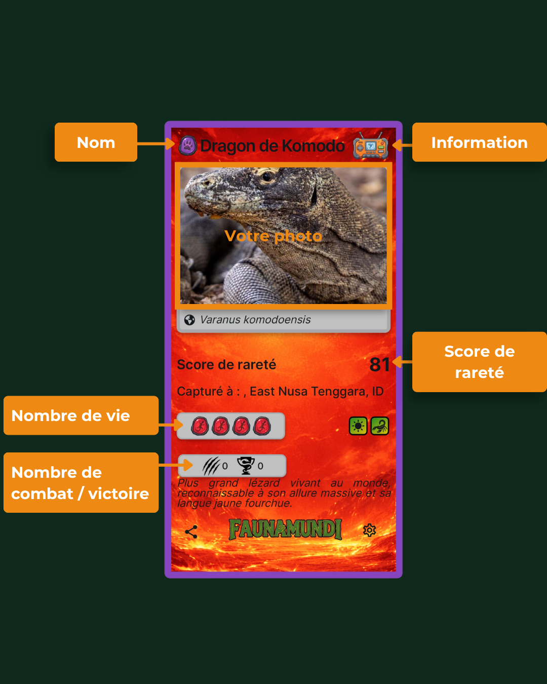 Anatomie d'une carte Faunamundi : nom, rareté, points de vie et victoires