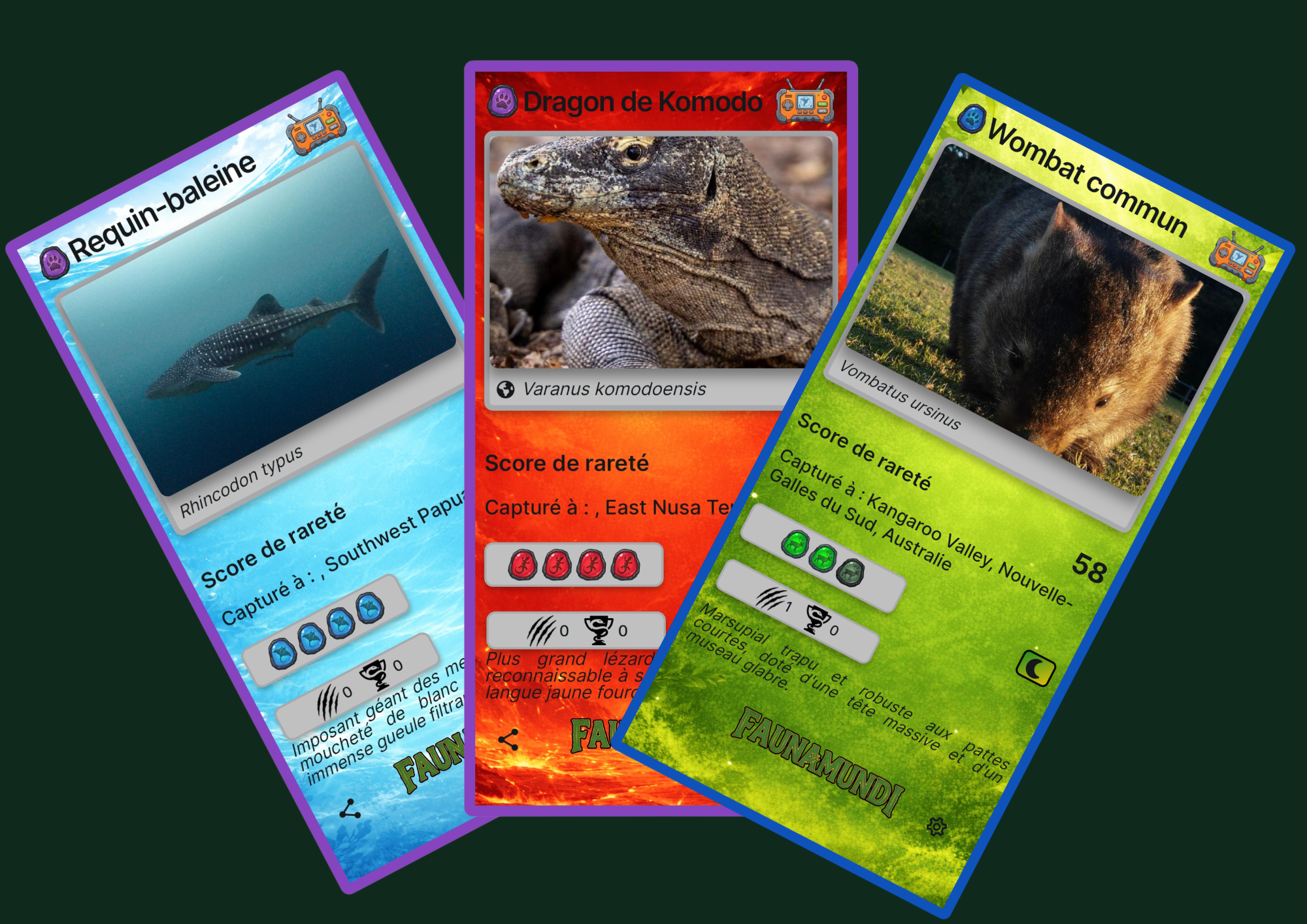 Carte à collectionner Faunamundi avec la photo d'un animal, sa rareté et ses points de vie